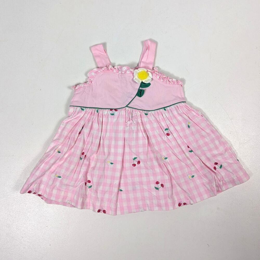 Vtg Dress Girls Sz 2T Pink Plaid Cherry Embroidered Daisy Summer Sundress 90s